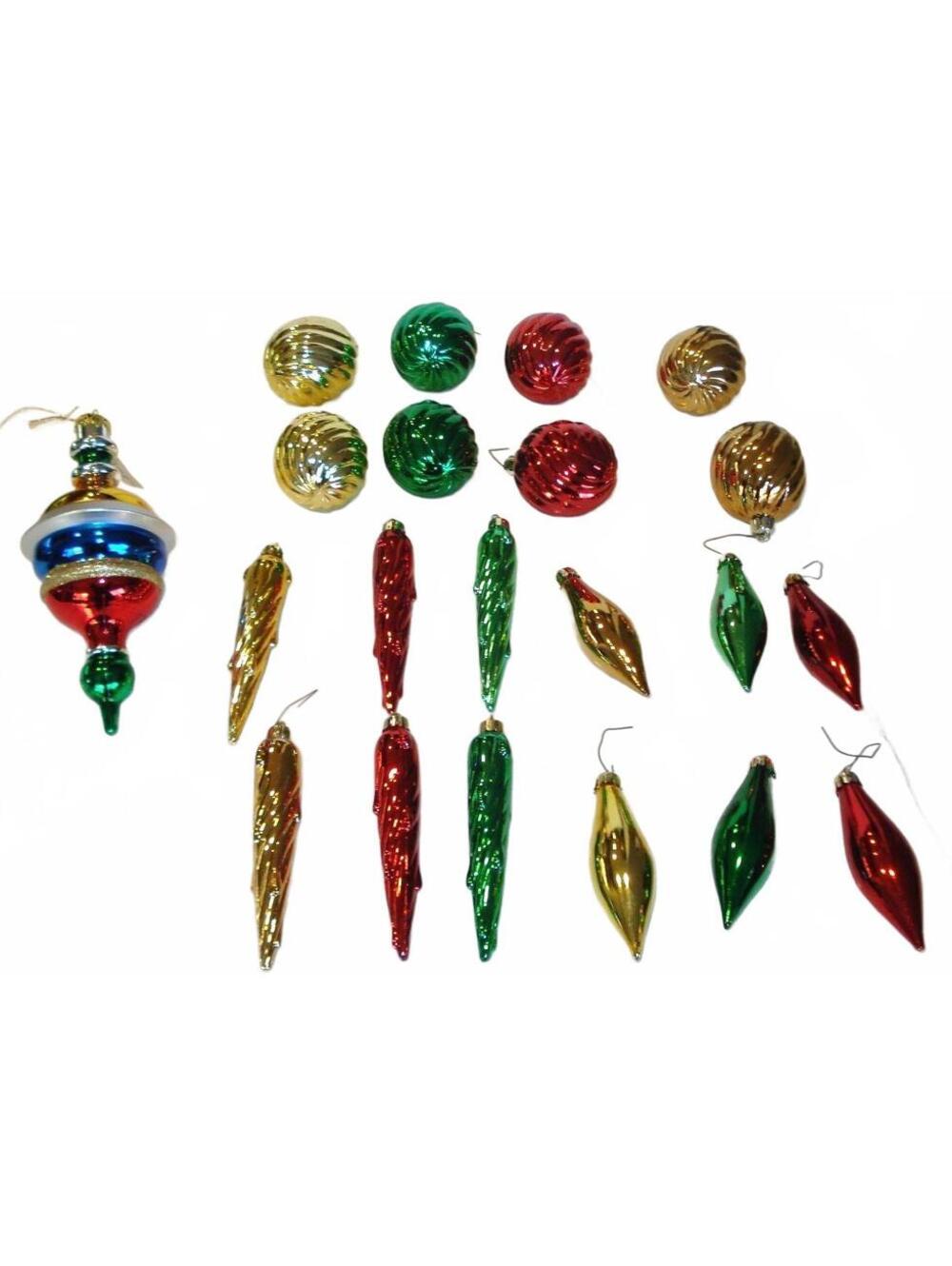 Vintage Lot Shatterproof Red Gold Green Retro Icicle Teardrop & Finial Ornaments